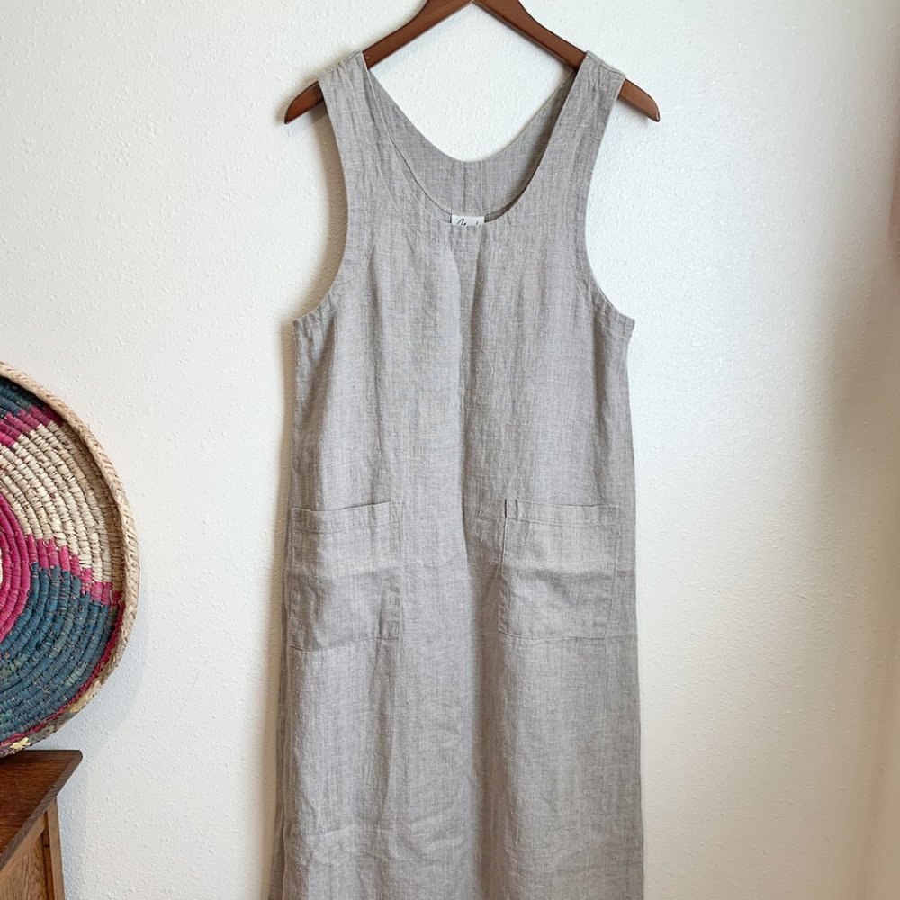 Vintage 100% LINEN Mishi Maxi Dress Pockets Women's S Lagenlook Natural